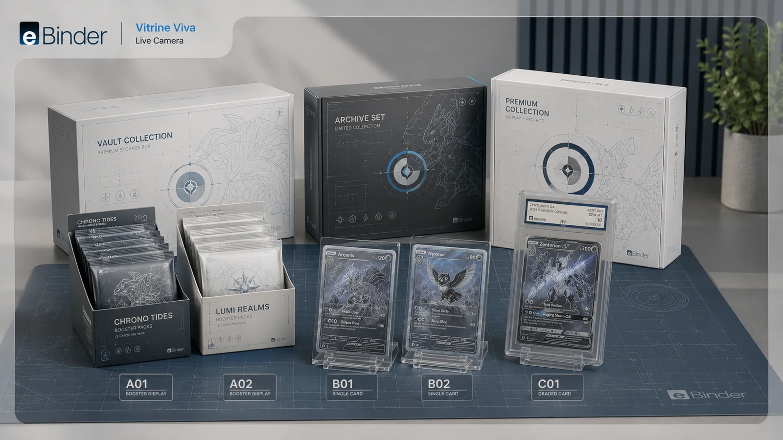 Mockup demonstrativo da Liveshopping TCG eBinder com boxes, boosters, cartas avulsas e carta graduada organizados sobre uma mesa.